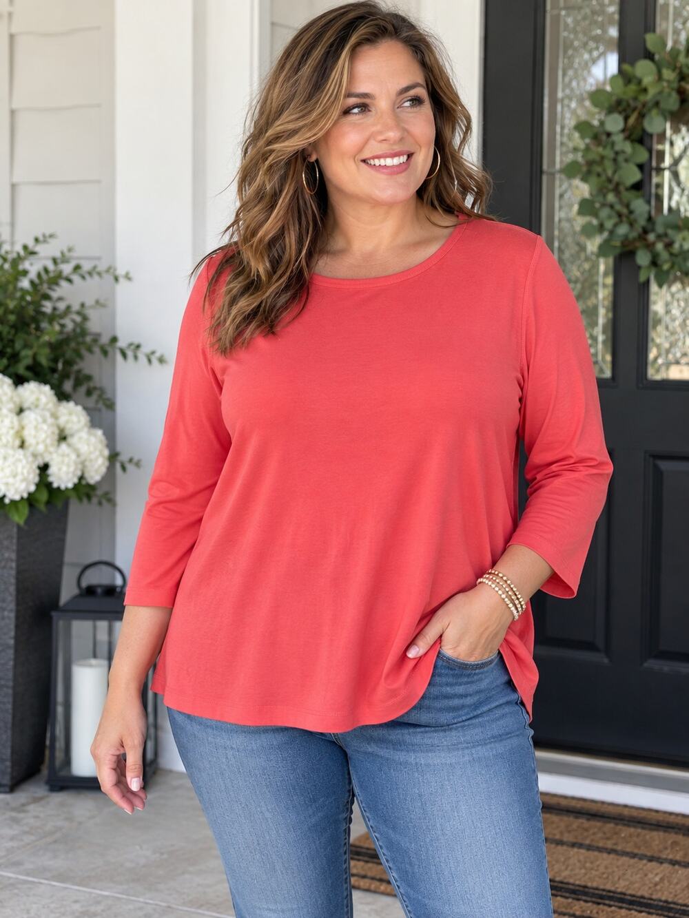 Lands’ End Women XL 18-20 Coral Pink 3/4 Sleeve Relaxed Fit Top